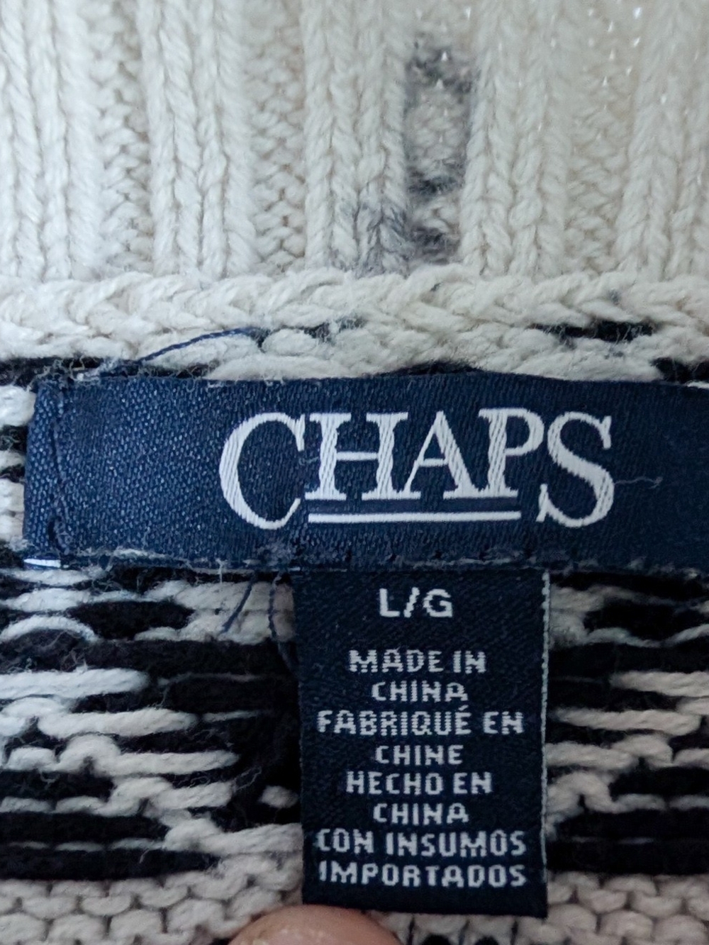 Chaps Black & Cream Fair Isle Patterned Knit Mock Neck Sweater Ski Apres Sz Lg - Picture 2 of 8